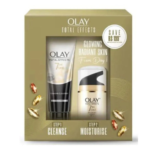 OLAY Total Effects 7 in 1, Exfoliating Cleanser 100g + Anti Ageing Moisturiser (SPF 15) 50g (Pack of 2)
