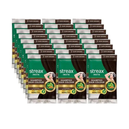 Streax Insta Shampoo Hair Colour - Almond Oil & Noni Extract, 100% Grey Coverage, No Ammonia, 18 ml Natural Brown(Pack of 24)